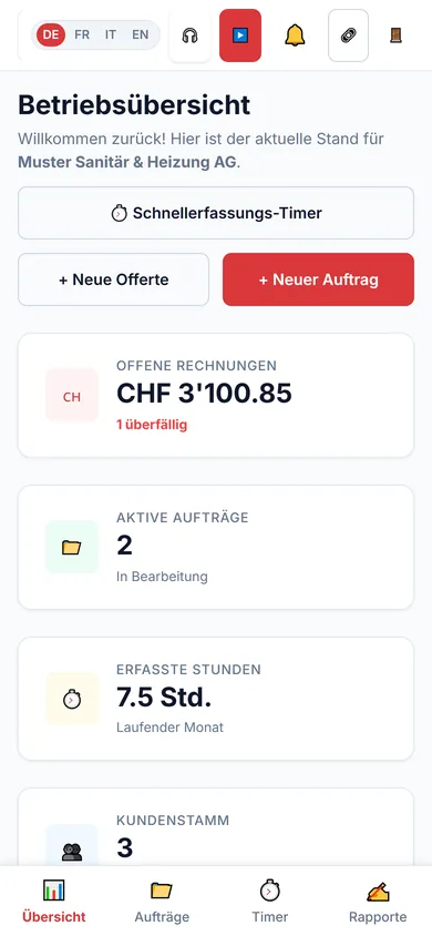 artisan24.ch auf dem Smartphone: Betriebsübersicht mit Navigation für Aufträge, Timer und Rapporte