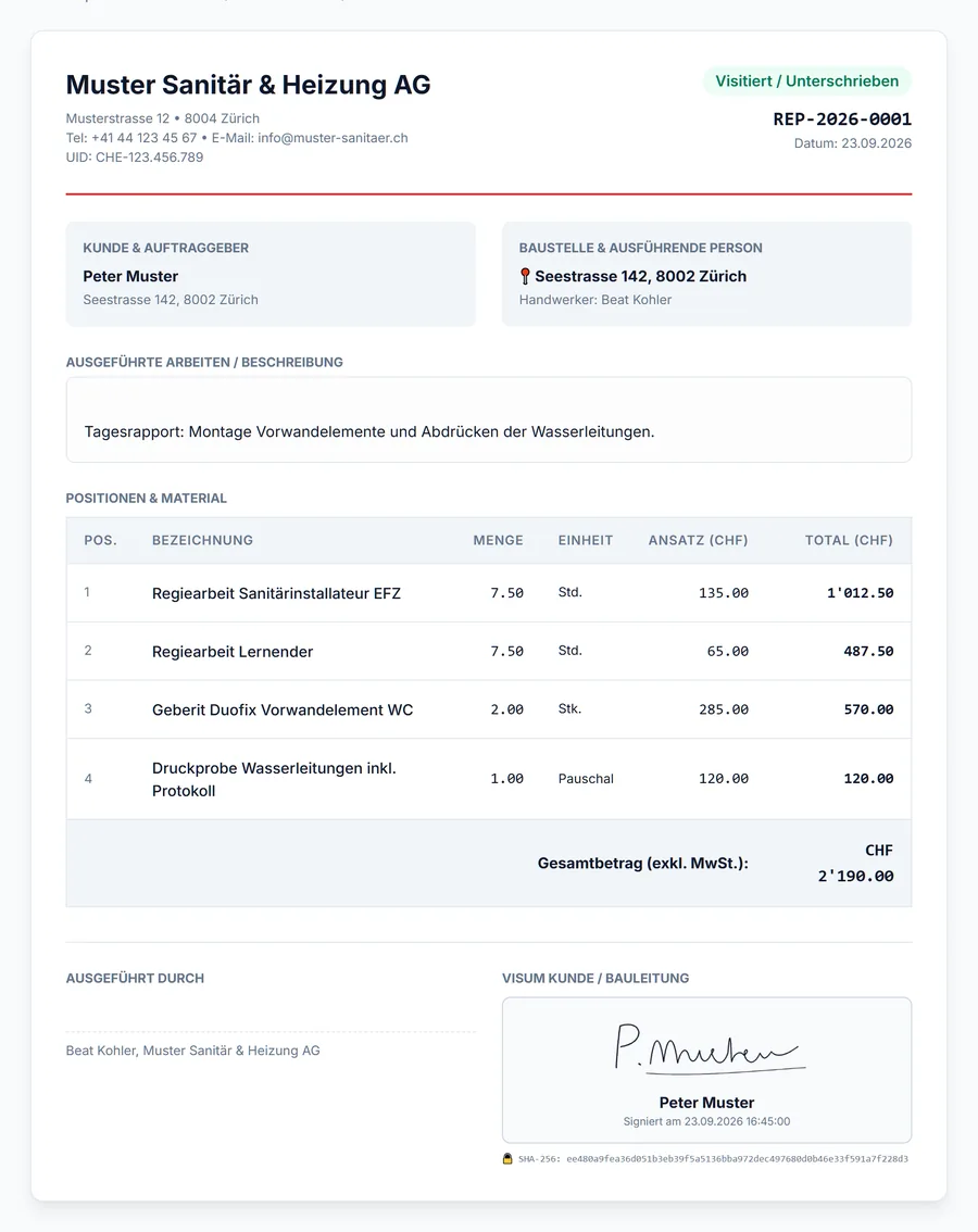 Digitaler Arbeitsrapport aus artisan24.ch mit Regiestunden, Material und Unterschrift des Kunden