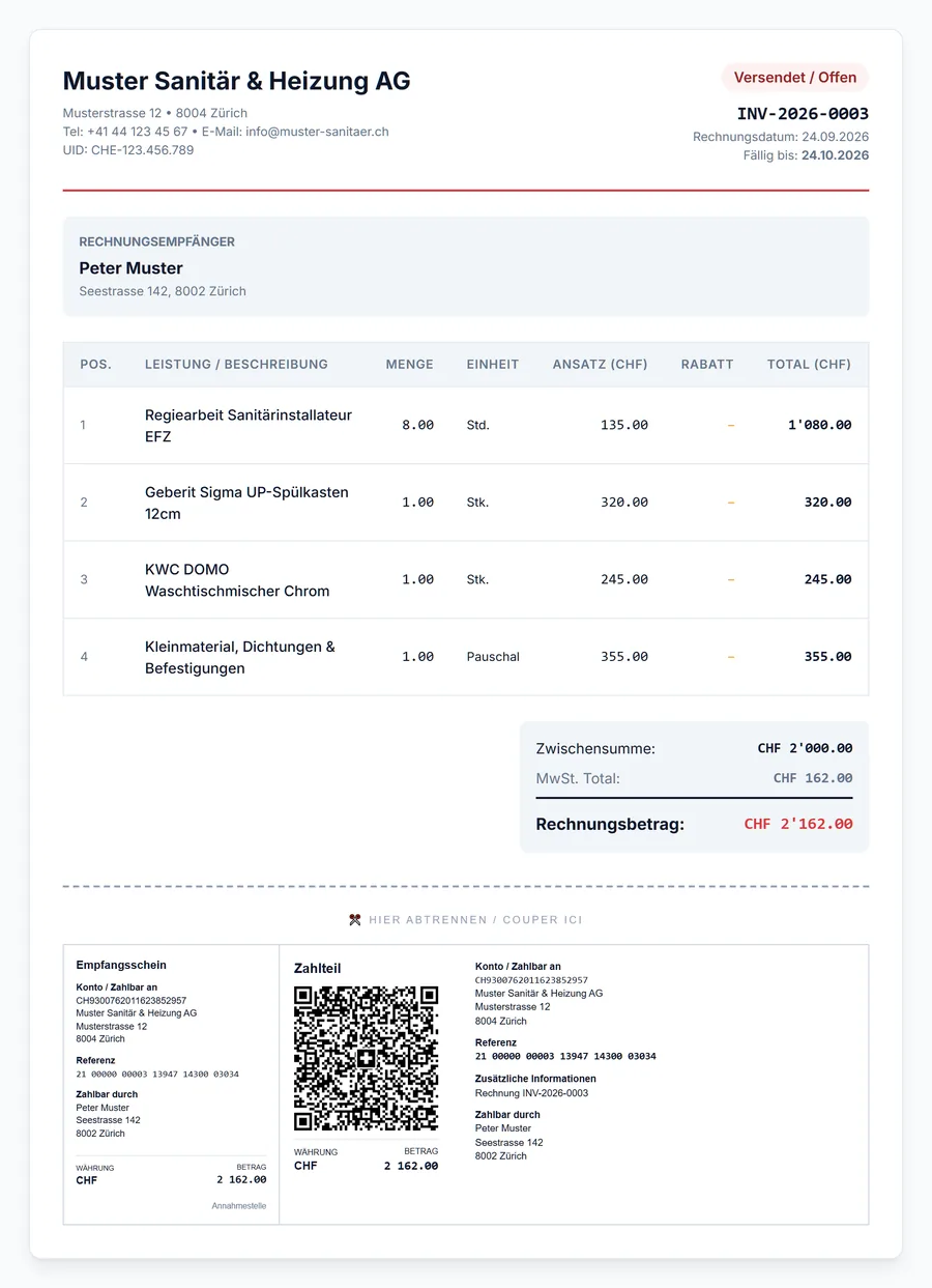 Schweizer QR-Rechnung aus artisan24.ch mit Positionen, MwSt. 8.1 % und Zahlteil mit QR-Code